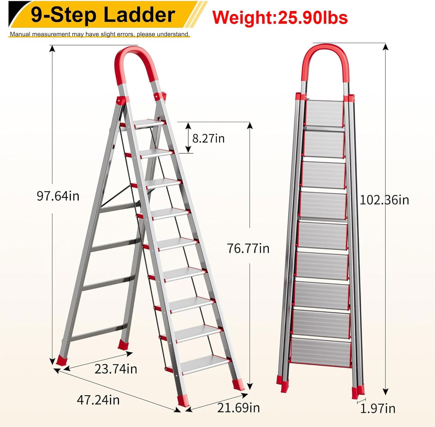 9 Step Ladder,Heavy Duty Step Stool with Non-Slip and Widen Pedals,Step Ladder with Safe Handrail,Space Saving for Home,Kitchen,Indoor & Outdoor