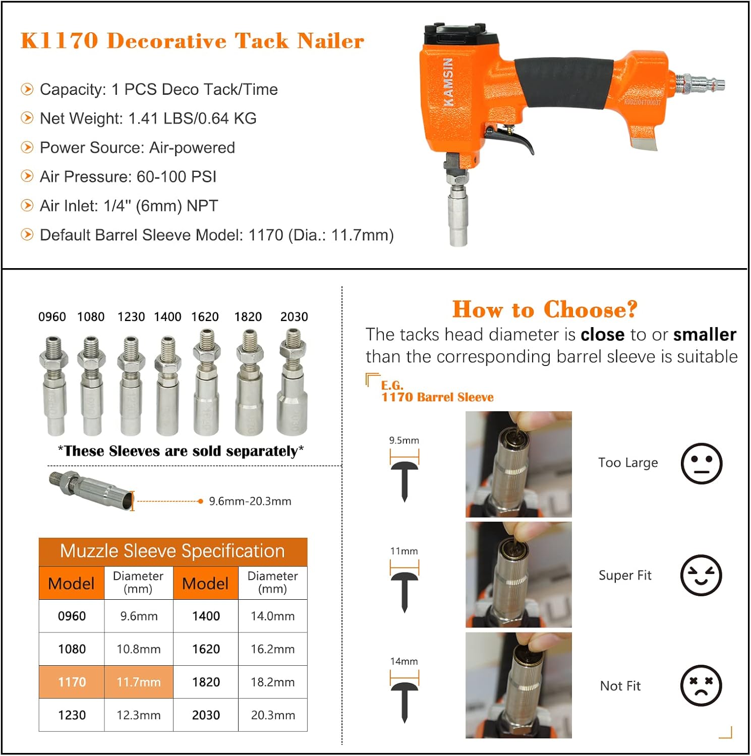 Muzzle Sleeves Fit Pneumatic Thumbtack Gun, 7 Barrel Sleeves for Different Tacks Head Diameter Used in Vintage and Antique Furniture, Decorating DIY Projects (7 Different Size of Sleeves)
