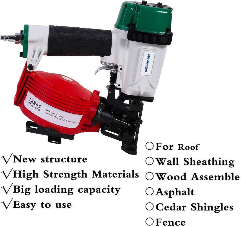 Mexican Style CN45N Roofing Nailer, 15 Degree Roofing Nail Gun, 3/4-Inch to 1-3/4-Inch Coil Nails, 120-pcs Load Capacity Coil Nailer