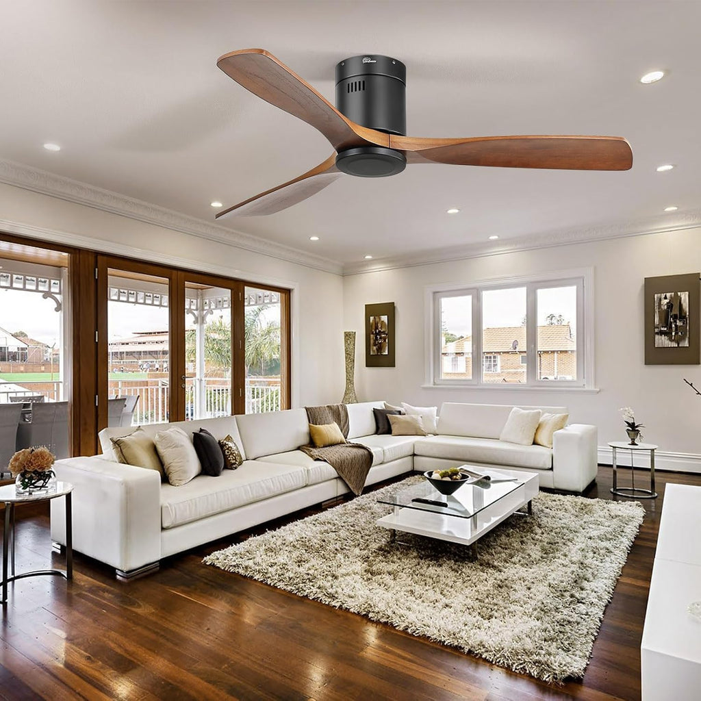 Sofucor Ceiling Fan No Light, 52 Inch Flush Mount Ceiling Fan With Remote Control, Indoor/Outdoor Ceiling Fans Without Lights, Reversible DC Motor, 3 Blade Solid Wood Ceiling Fans for Bedroom Patio