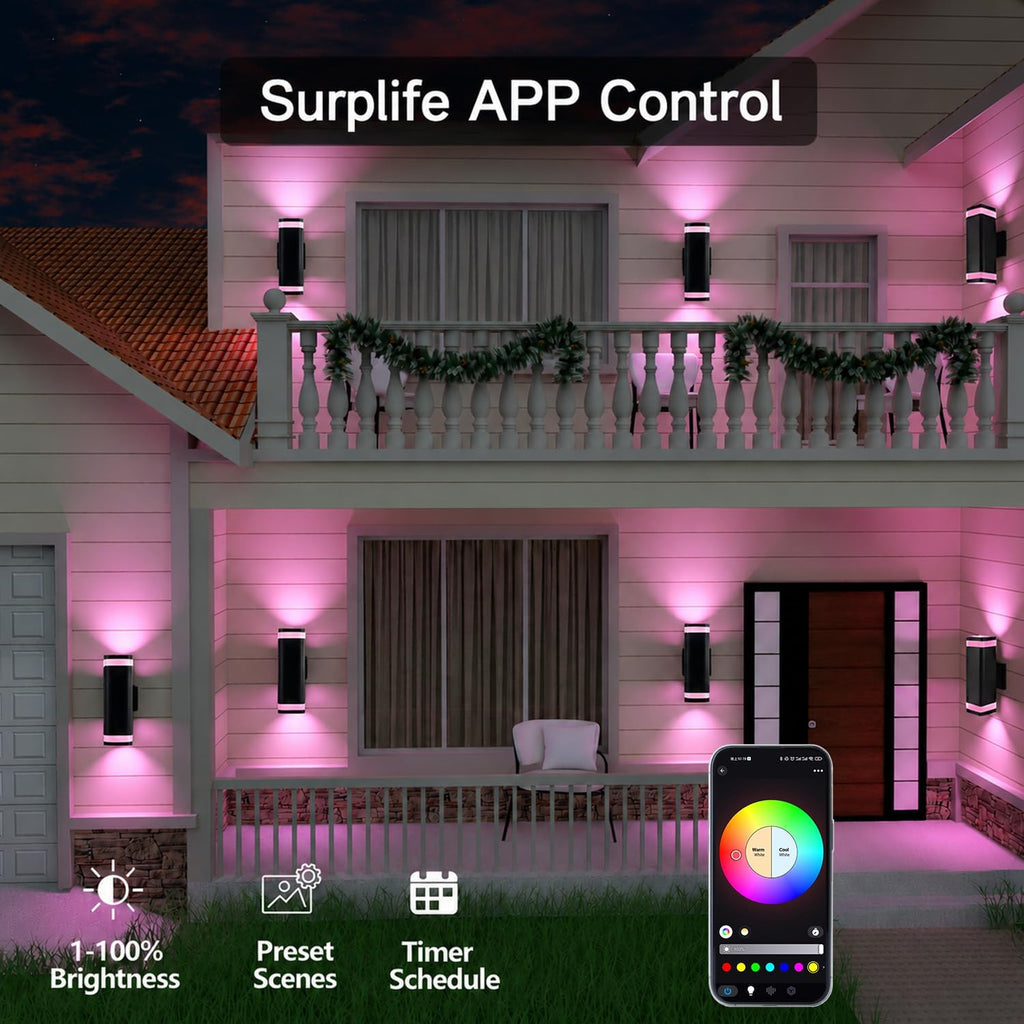 wowlite Smart Up and Down Lights Outdoor 2 Pack, RGBCW Exterior Lighting Fixtures WiFi App Control 2700K-6500K Ambience Wall Sconce Light Color Changing, Black Exterior Lights for House Porch Patio