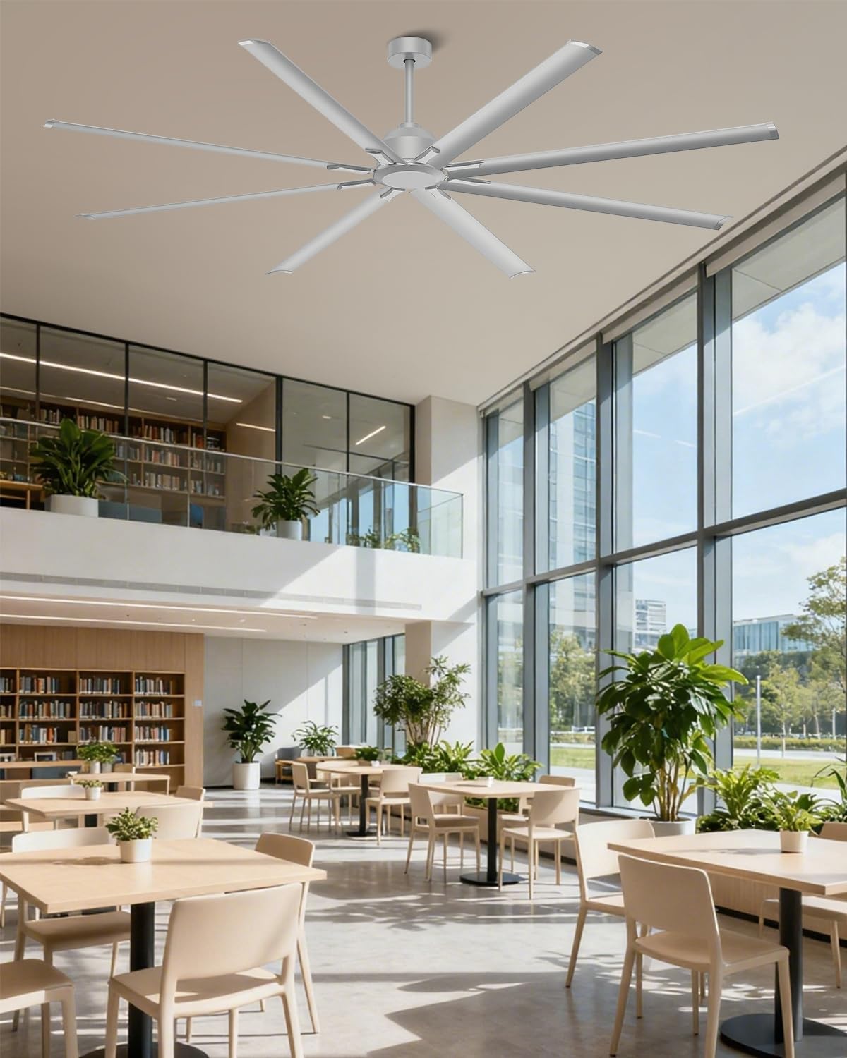 96 Inch Silver Industrial Ceiling Fan, Extra Large HVLS Commercial Big Assed Shop Ceiling Fan with 8 Aluminum Blades, DC Motor, Remote Control for Garage, Warehouse, Gym