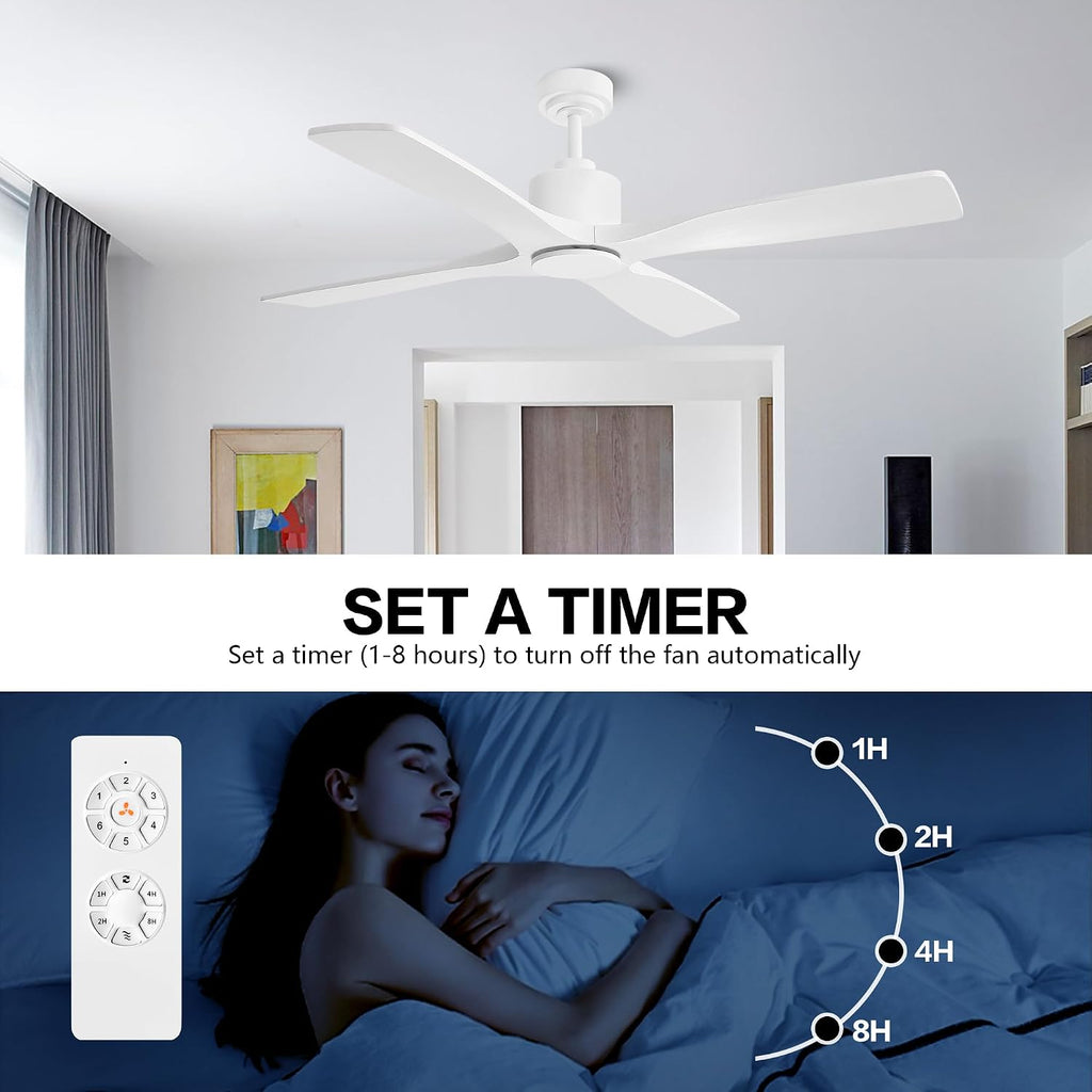 WINGBO 54' DC Ceiling Fan without Lights, 4 Carved Solid Wood Blades, 6-Speed Noiseless Reversible DC Motor, Modern Ceiling Fan No Light with Remote, Gloss White Finish with White Blades, ETL Listed