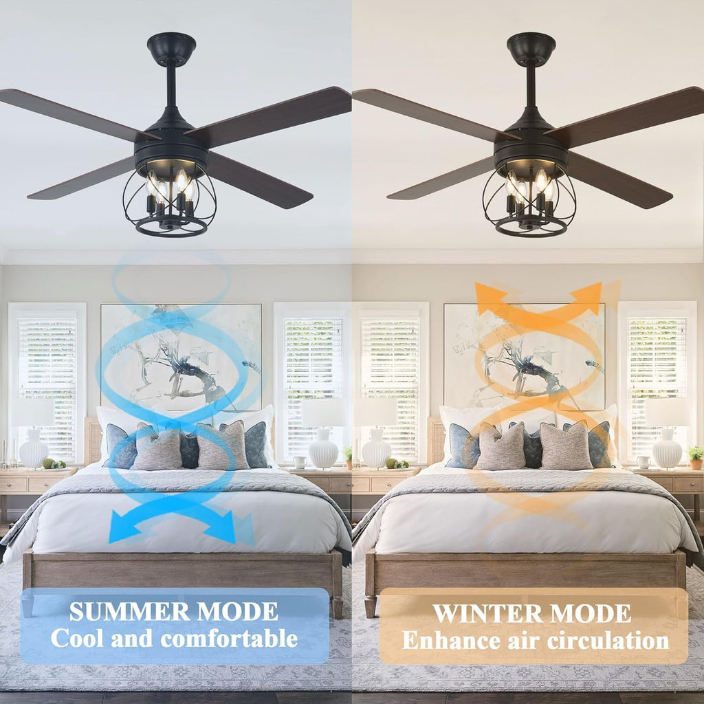 Rustic Ceiling Fan with Lights and Remote, Large Farmhouse Ceiling Fan Caged Fandelier Chandelier, Reversible Quiet DC Motor 6 Speeds for Living Room (Black Caged, 52 Inch)