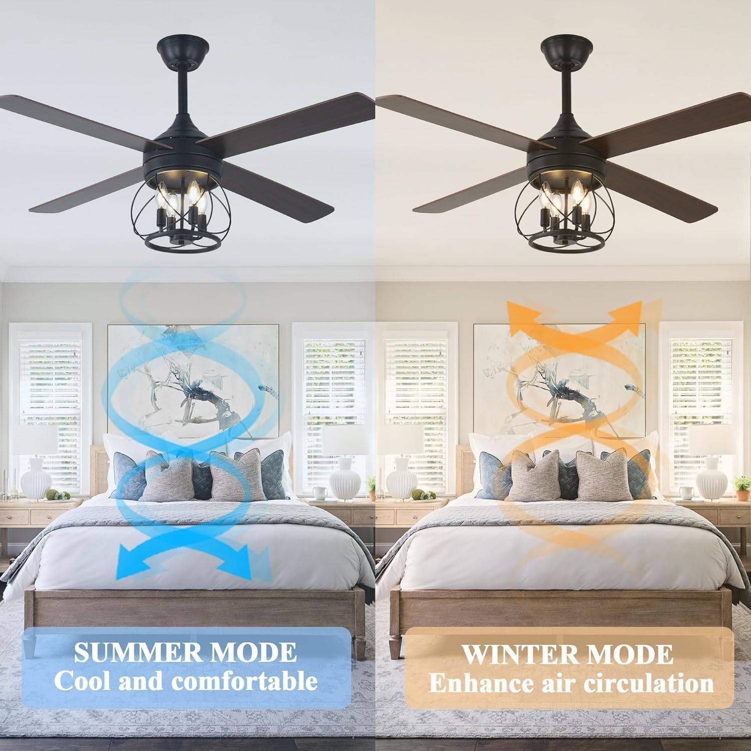 Rustic Ceiling Fan with Lights and Remote, Large Farmhouse Ceiling Fan Caged Fandelier Chandelier, Reversible Quiet DC Motor 6 Speeds for Living Room (Black Caged, 52 Inch)