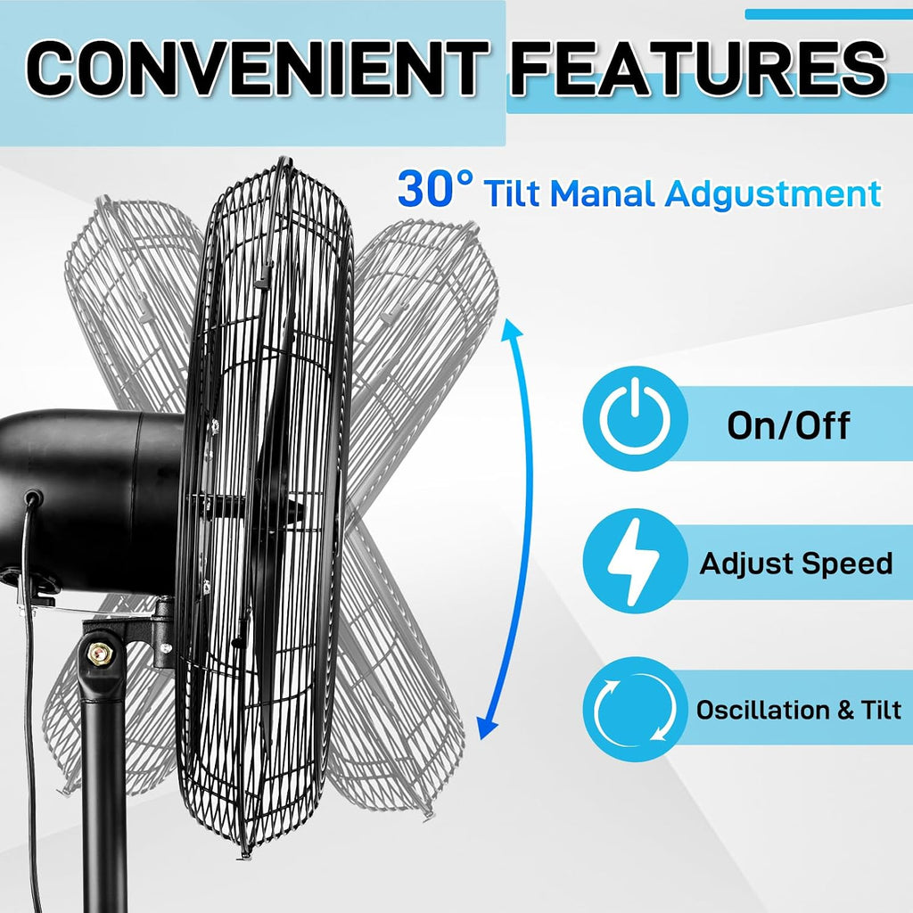 20 Inch Pedestal Fan with 5000 CFM Industrial Floor Fan for Garage, Warehouse, Workshop Oscillating Stand Up Fan 4 Speeds Adjustable Height Metal Construction for Commercial Residential Cooling Black
