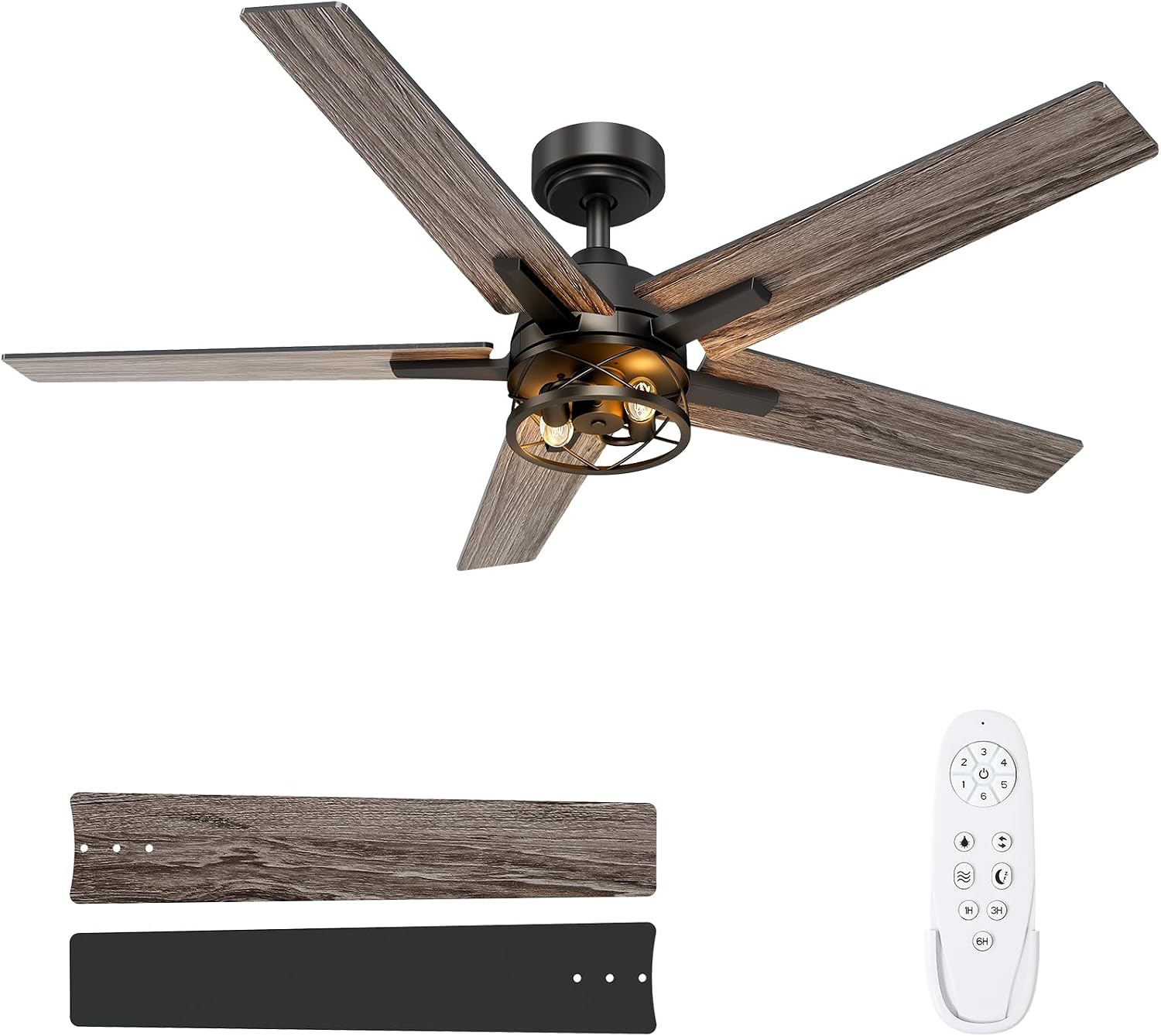 52 Inch Black Caged Ceiling Fans with Lights and Remote, Reversible, 3CCT, Dimmable, Noiseless, Double-Sided 5 Blades Ceiling Fan for Bedroom, Farmhouse, Living Room, No Light Bulbs Included