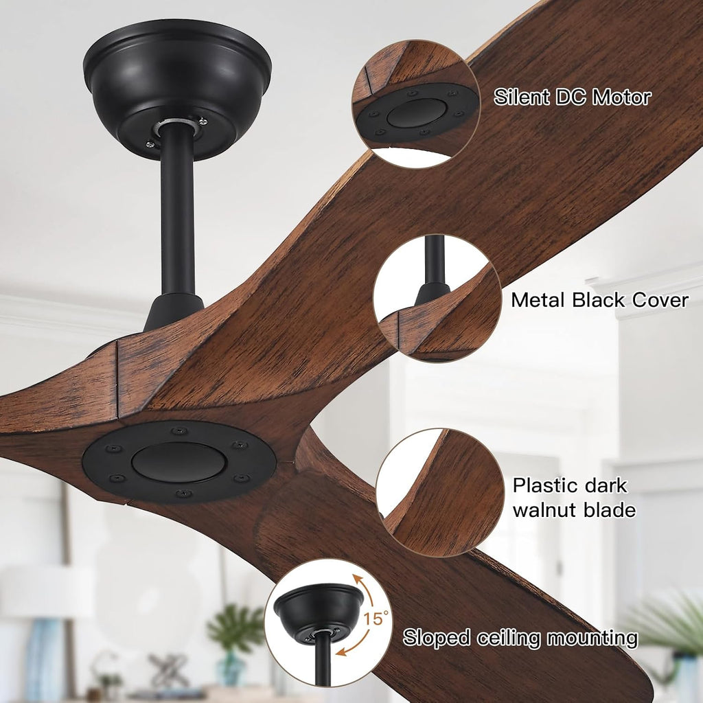 52'' Outdoor Ceiling Fan No Light,Ceiling Fan with Remote Control,3 Plastic Dark Walnut Blades,DC Reversible Quiet Motor for Patio,Living Room, Bedroom