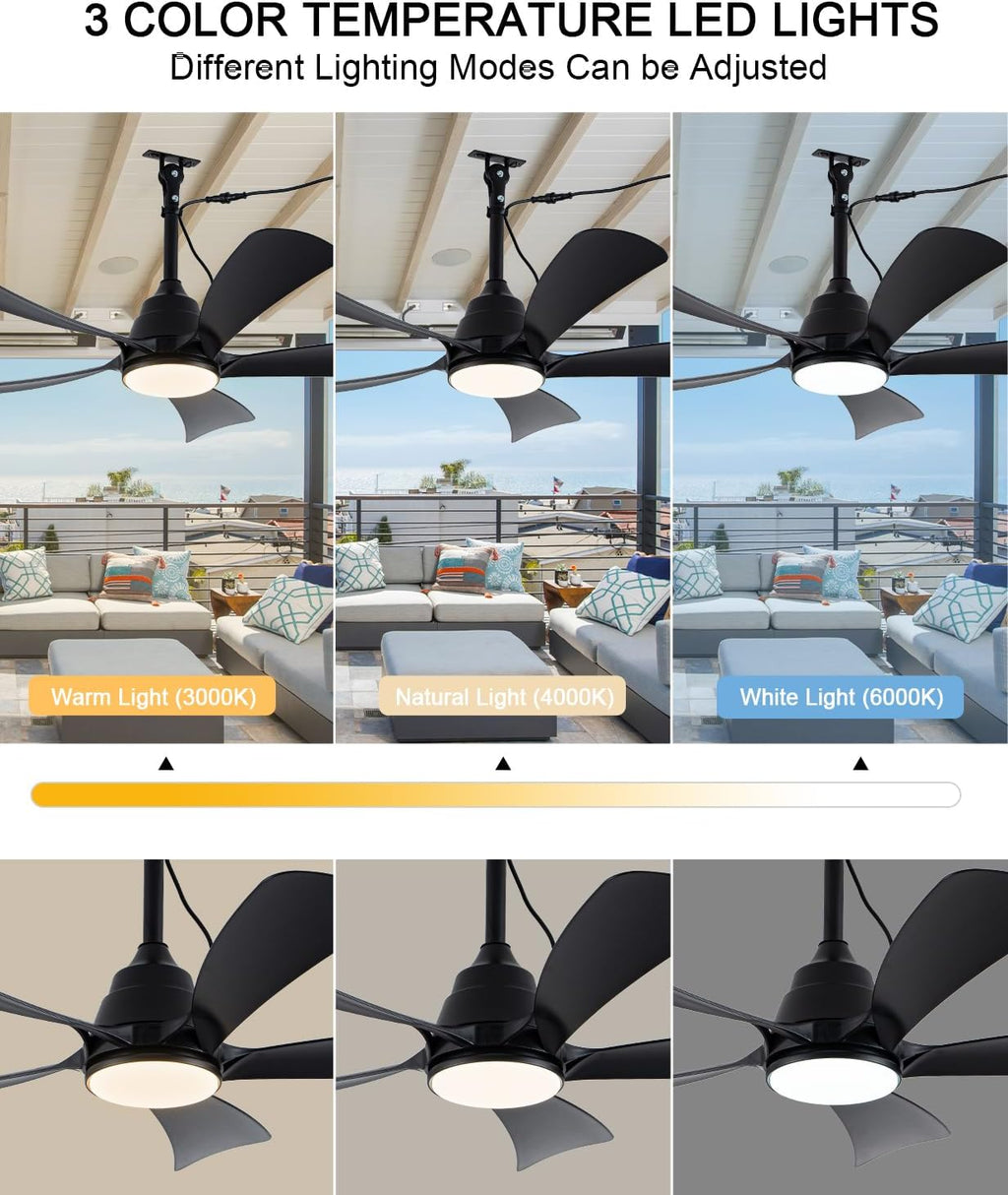42' Outdoor Waterproof Ceiling Fan with 3 Color LED Light,App/Remote Control,Quiet DC Motor,Plug-in Cord Hook Installation,IP65 Gazebo Ceiling Fan with Light for Patios,Pergola,Canopy