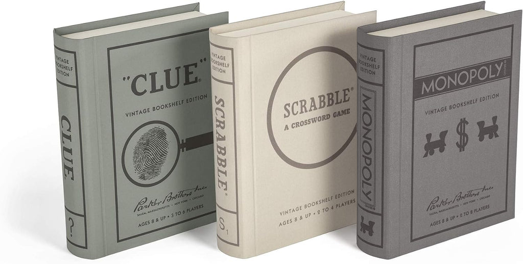 WS Game Company Vintage Board Games Bookshelf Collection - Scrabble, Monopoly & Clue in Book-Style Cases for Family Game Night, Classic Board Games for 2-6 Players, Ages 8+