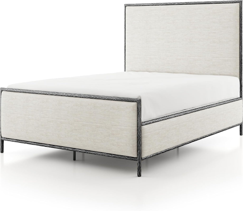 24/7 Shop at Home Lalia Hammered Metal 2-Piece Bedroom Collection, Upholstered Bed Frame with Beige Fabric Headboard, Forged Steel and 1-Shelf Nightstand, Foundation Required, Queen, Matte Grey