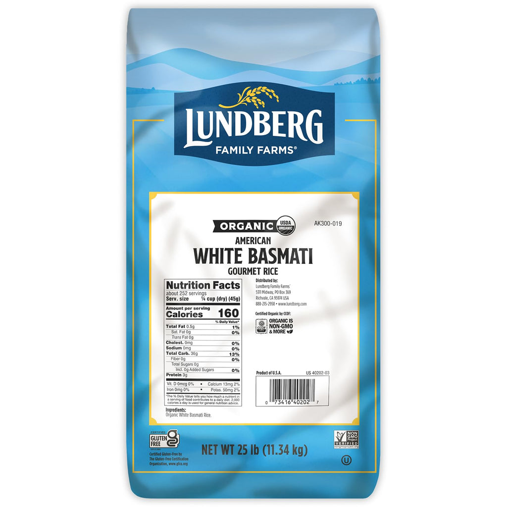 Lundberg Basmati Rice, Organic Long Grain White Rice - Non-Sticky, Fluffy, Nutty, Aromatic Rice, Vegan Food, Healthy Meals, Gluten-Free Rice , 25 Lbs