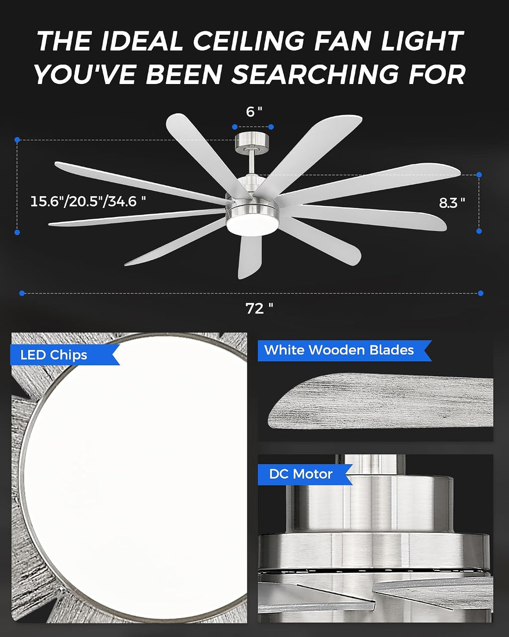 72 inch Large Ceiling Fans with Lights, Modern Ceiling Fan with Voice Control for Kitchen Living Room, 9 Blades Dual Nickel & White Walnut Ceiling Fan with Remote, CF03-BN