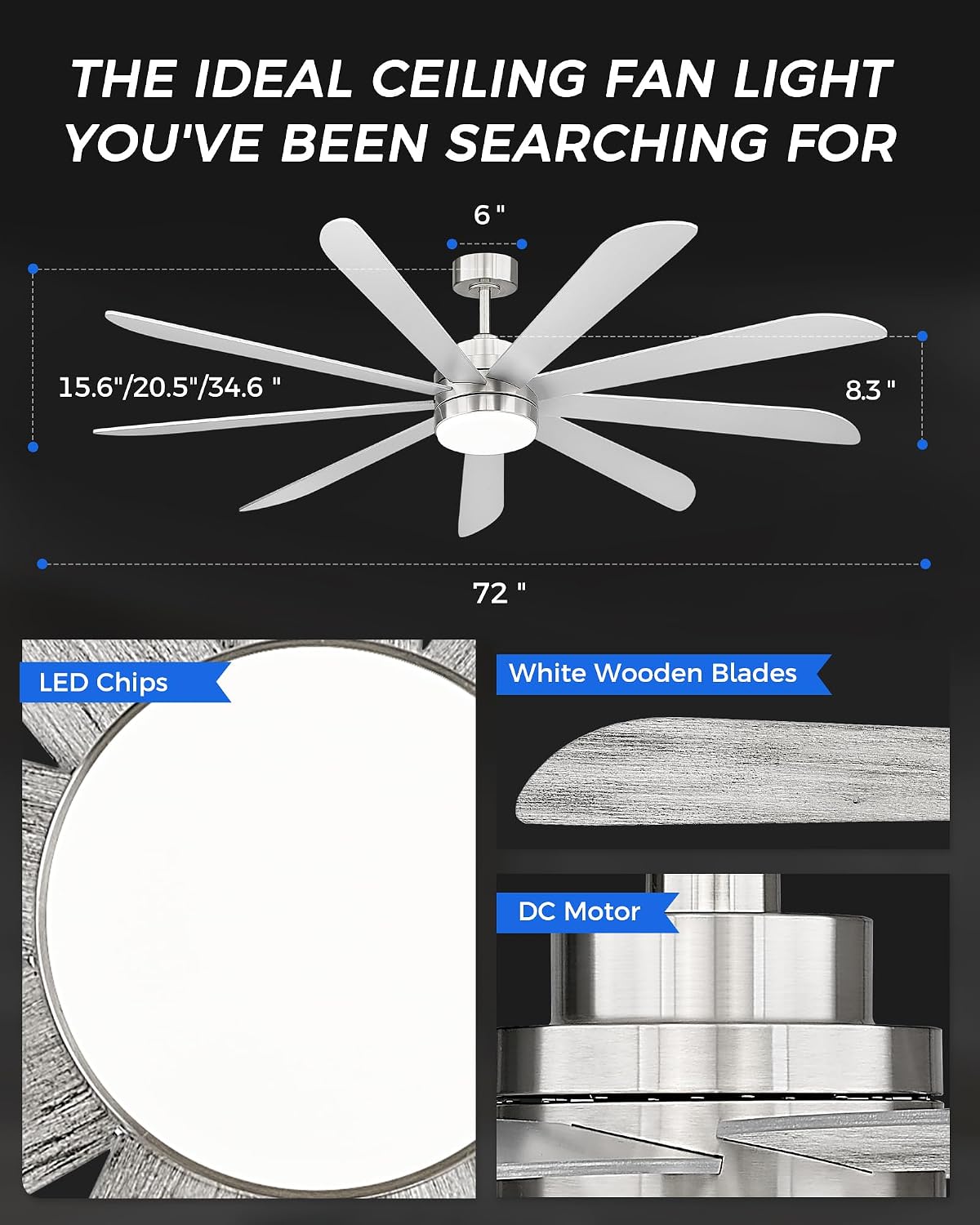 72 inch Large Ceiling Fans with Lights, Modern Ceiling Fan with Voice Control for Kitchen Living Room, 9 Blades Dual Nickel & White Walnut Ceiling Fan with Remote, CF03-BN
