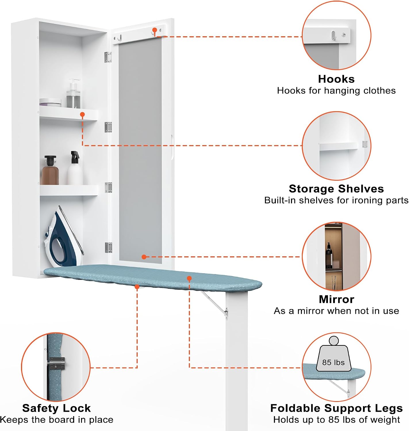 Wall Mounted Ironing Board with Storage Cabinet,Built in Ironing Board & Folding Support Leg, Wall-Mounted Mirrors for Home, Apartment & Small Spaces