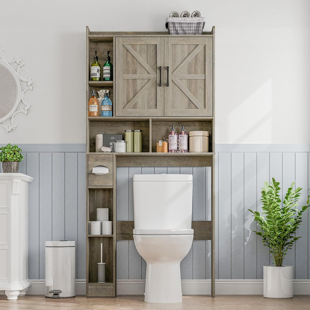 Vabches Over The Toilet Storage Cabinet, Farmhouse Storage Cabinet Over Toilet with 2 Barn Door & Toilet Paper Holder Stand, Home Space-Saving Rack, for Bathroom, Restroom (Grey).