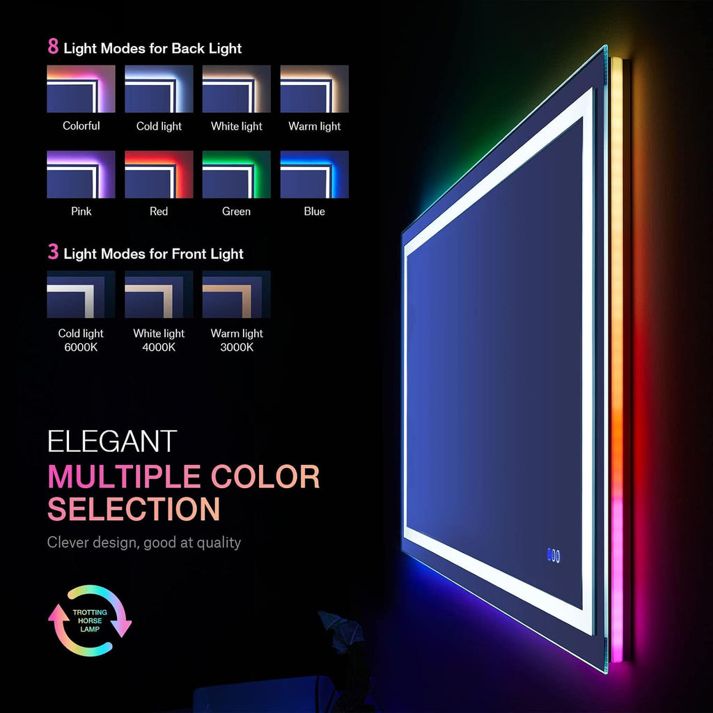 LOAAO 48'X32' LED Bathroom Mirror with Lights, Anti-Fog, Dimmable, RGB Backlit + Front Lighted, Bathroom Vanity Mirror for Wall, Memory Function