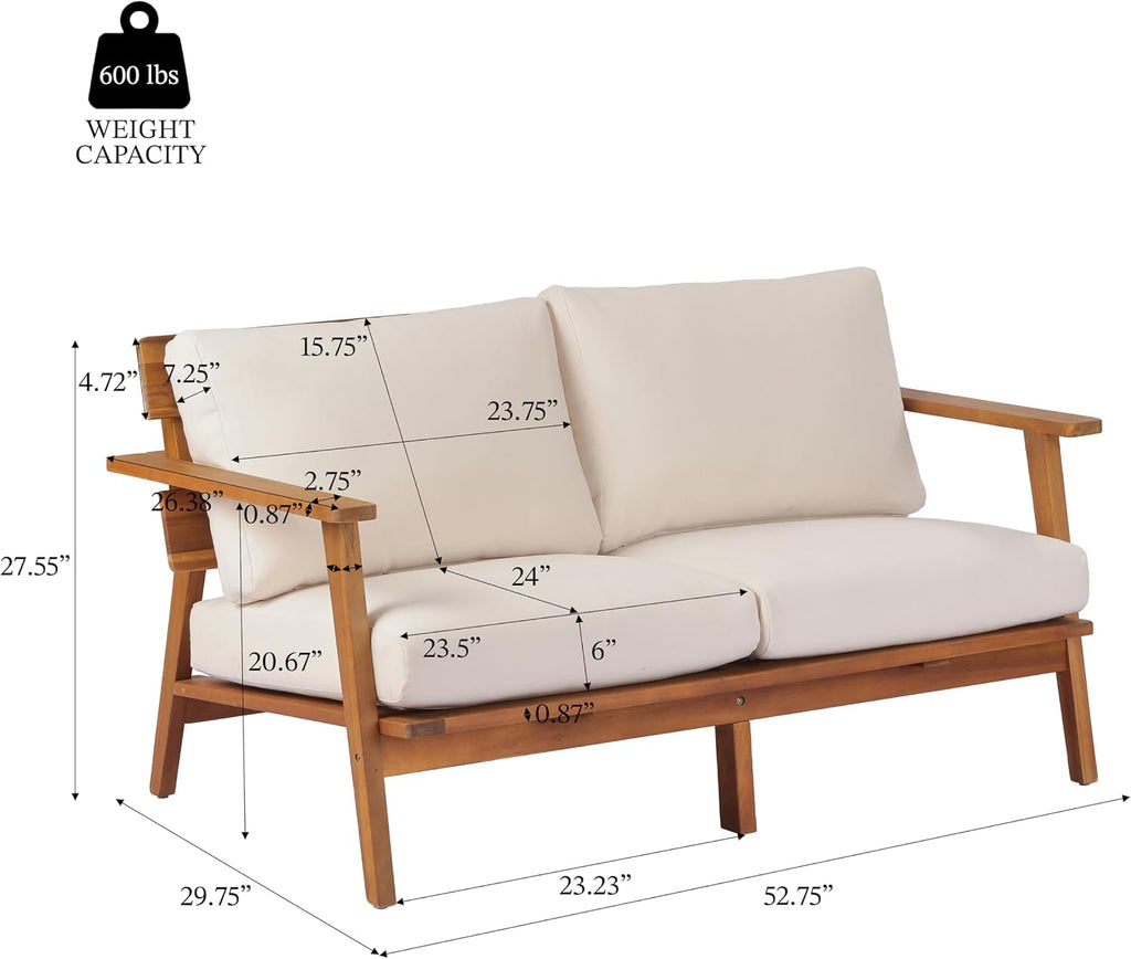 Christopher Knight Home Colmar 2 Pieces Conversation Set, Mid Century Patio Loveseat Sofa and Coffee Table, Outdoor Acacia Wood Loveseat and Table Set with Cushions in Slats Panels Design, Teak+ Beige