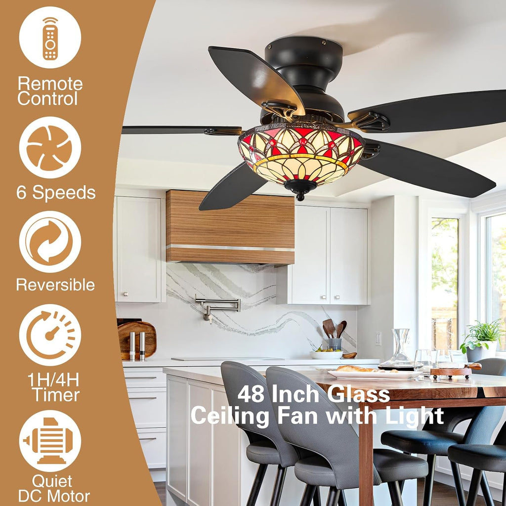 Tiffany Ceiling Fans with Lights - 48' Ceiling Fan Chandelier with 5 Dual-Blades and Glass Shade, 6 Speeds and Reversible, Indoor and Outdoor, Retro Style