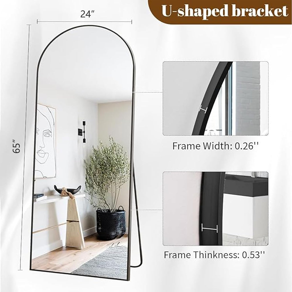 Koonmi Arched Full Length Mirror, 65'x24' Arched Black Floor Mirror, Standing Hanging or Leaning Full Body Mirror with Aluminum Alloy Frame for Living Room and Bedroom