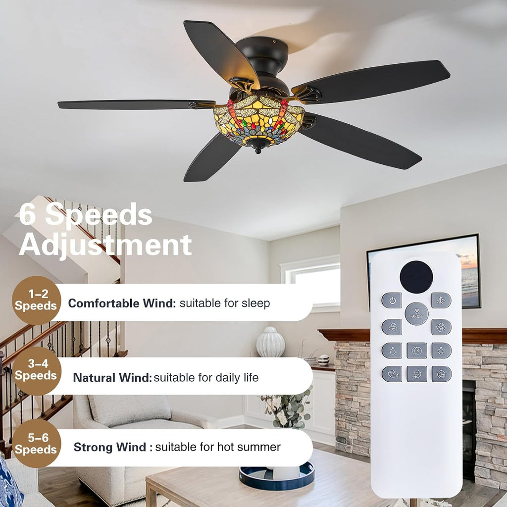 Tiffany Ceiling Fans with Lights - 52' Ceiling Fan Chandelier with 5 Dual-Blades and Glass Shade, 6 Speeds and Reversible, Indoor and Outdoor, Retro Style