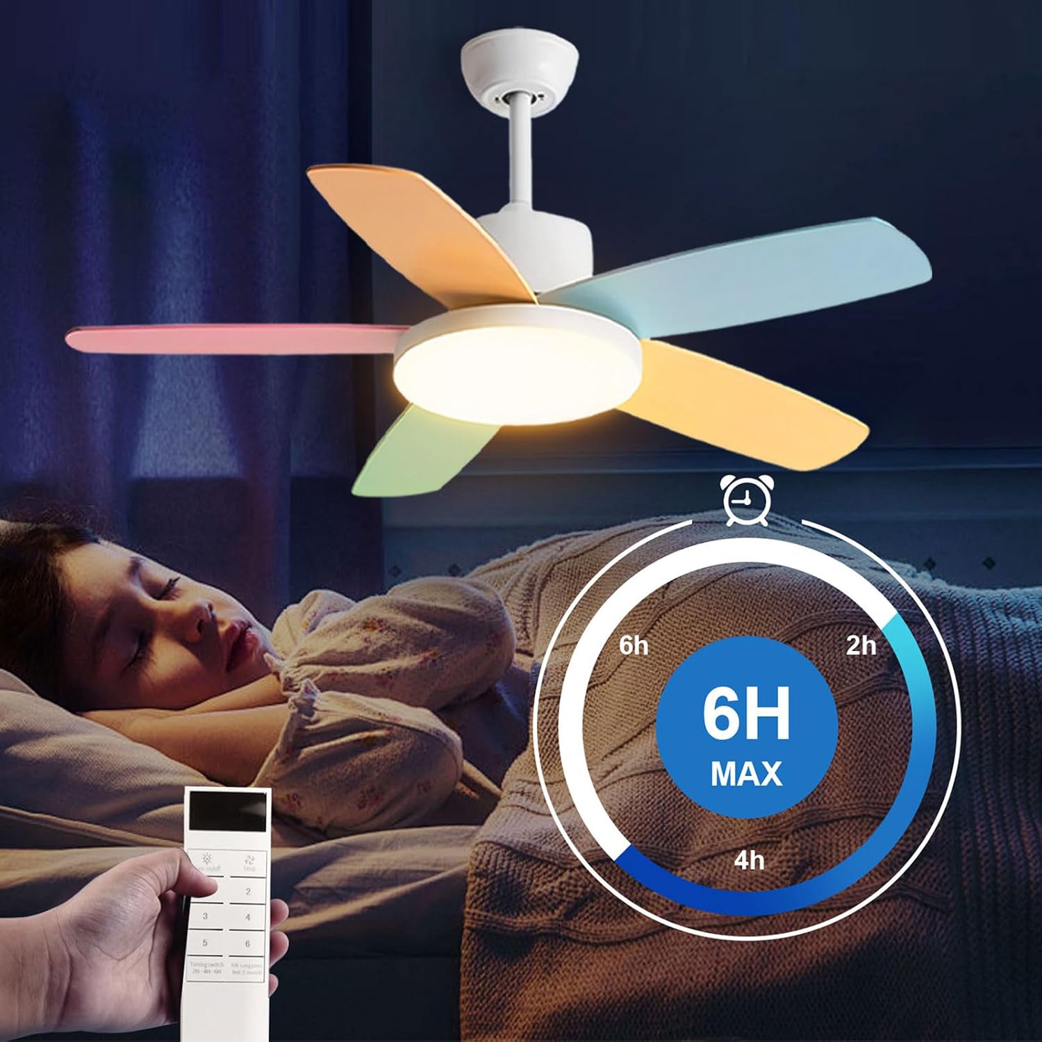 Kids Quiet Ceiling Fan with Light 42in Colorful Remote Fan Ceiling with Light Girls Boys Room Bedroom ETL Listed Ceiling Fans 6 Gear Wind Speeds 60W LED Ceiling Fan Lighting for Living Room