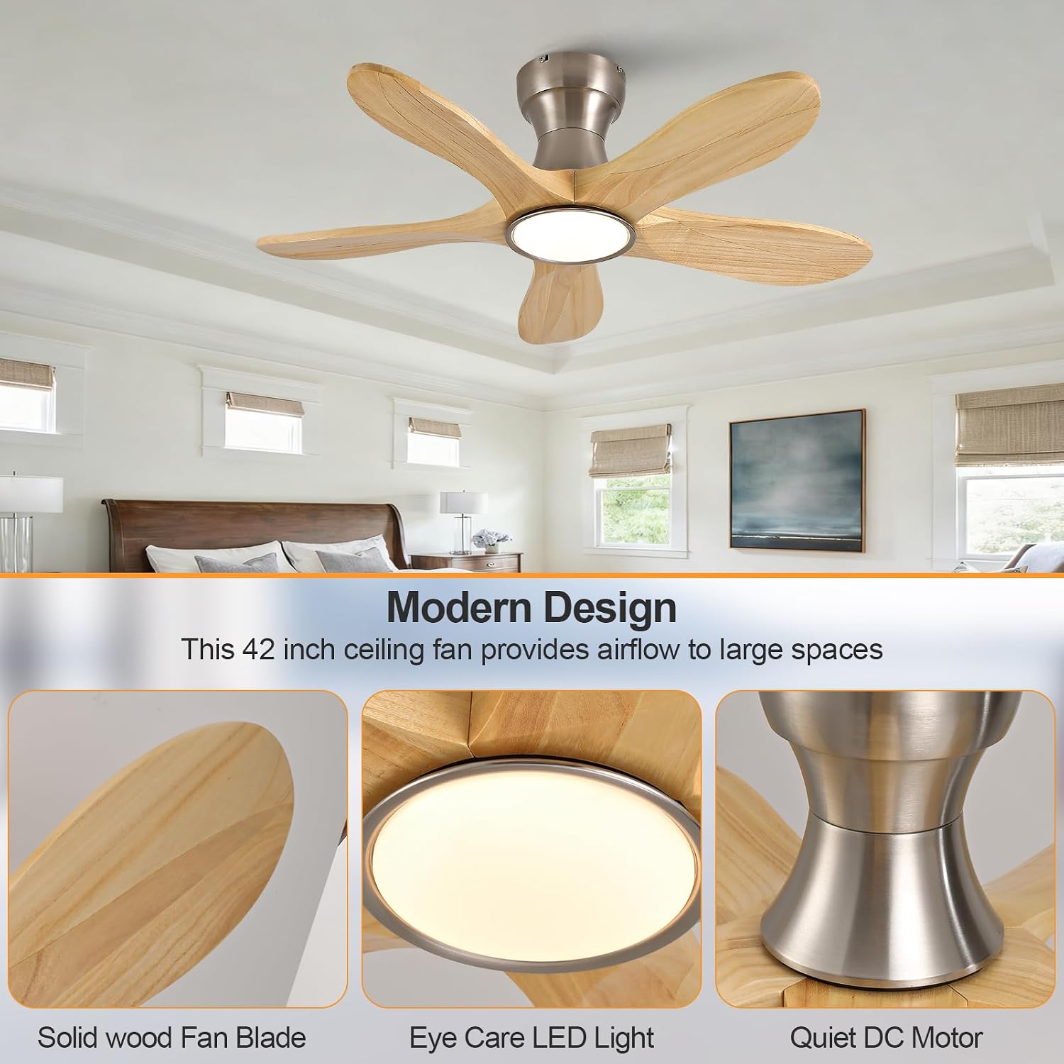 36 Inch Wood Flush Mount Ceiling Fans with Lights and Remote, Dimmable 5 Blade Wood Bedroom Ceiling Fan Outdoor Ceiling Fans for Patios Low Profile Ceiling Fan with Light for Bedroom Indoor