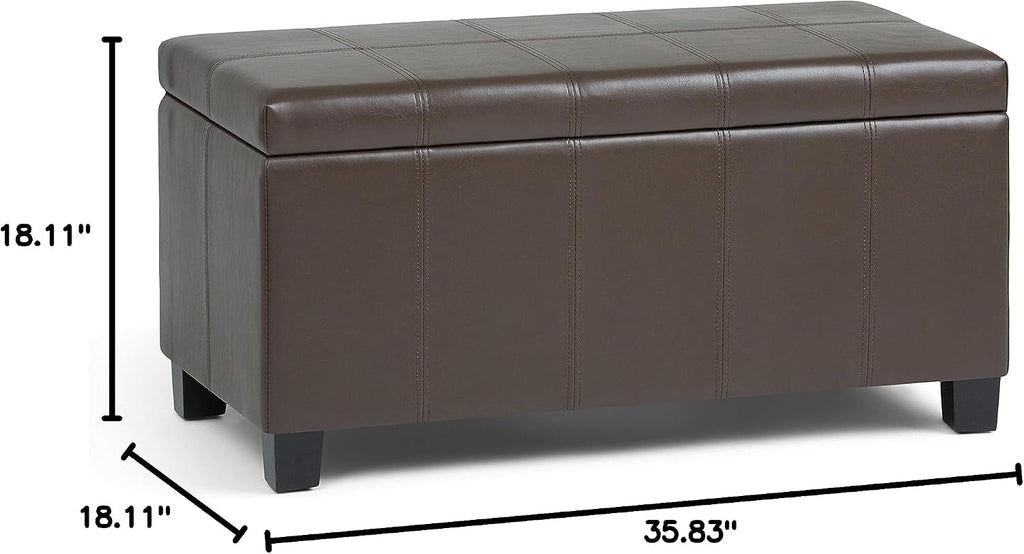 SIMPLIHOME Dover Storage Ottoman Bench - 36 inch Wide Upholstered Vegan Leather Rectangular Lift-Top Ottoman in Chocolate Brown, Contemporary Bench for Living Room with Safety Hinges