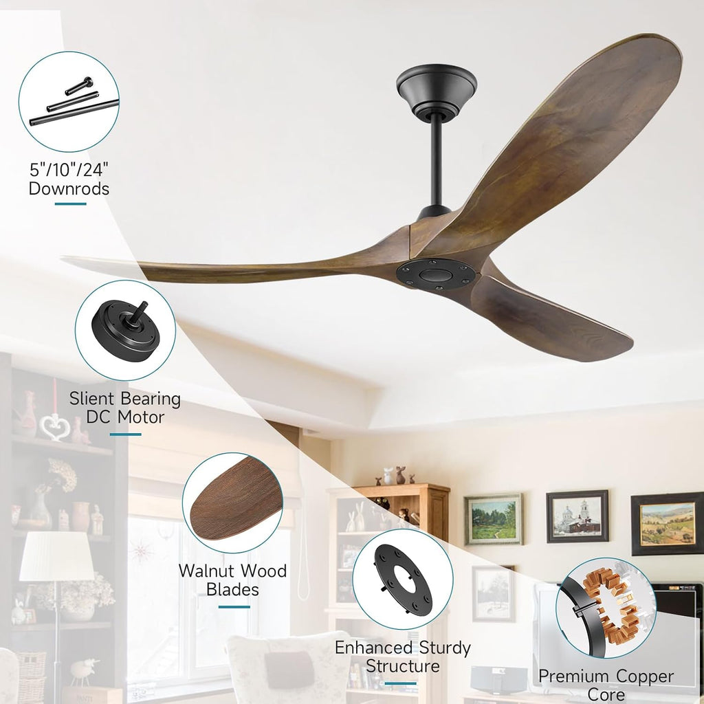 52 Inch Ceiling Fans without Light, Outdoor Ceiling Fans for Patios with Remote Control, 3 Propeller Blade, Quiet Reversible DC Motor, Large Airflow Wood Ceiling Fan for Exterior Porch