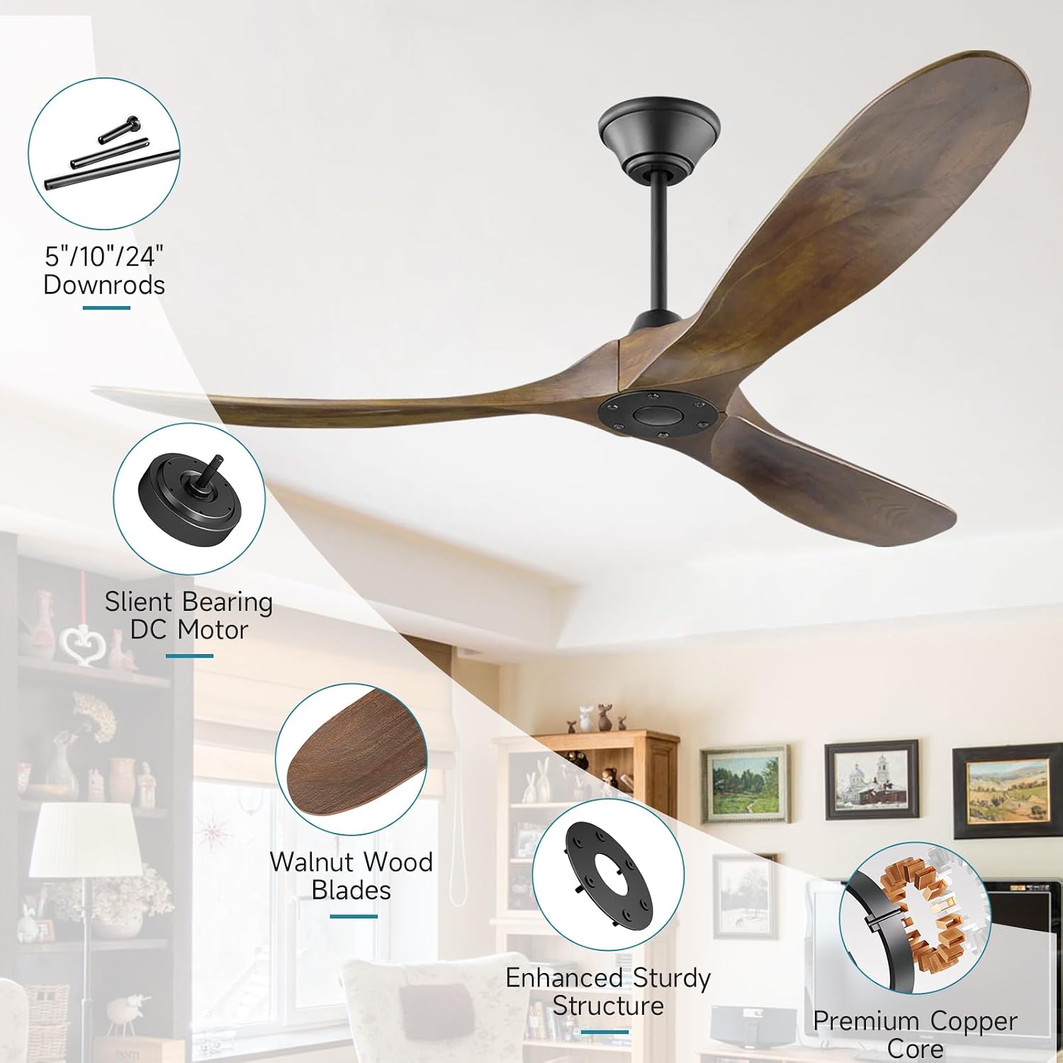 52 Inch Ceiling Fans without Light, Outdoor Ceiling Fans for Patios with Remote Control, 3 Propeller Blade, Quiet Reversible DC Motor, Large Airflow Wood Ceiling Fan for Exterior Porch