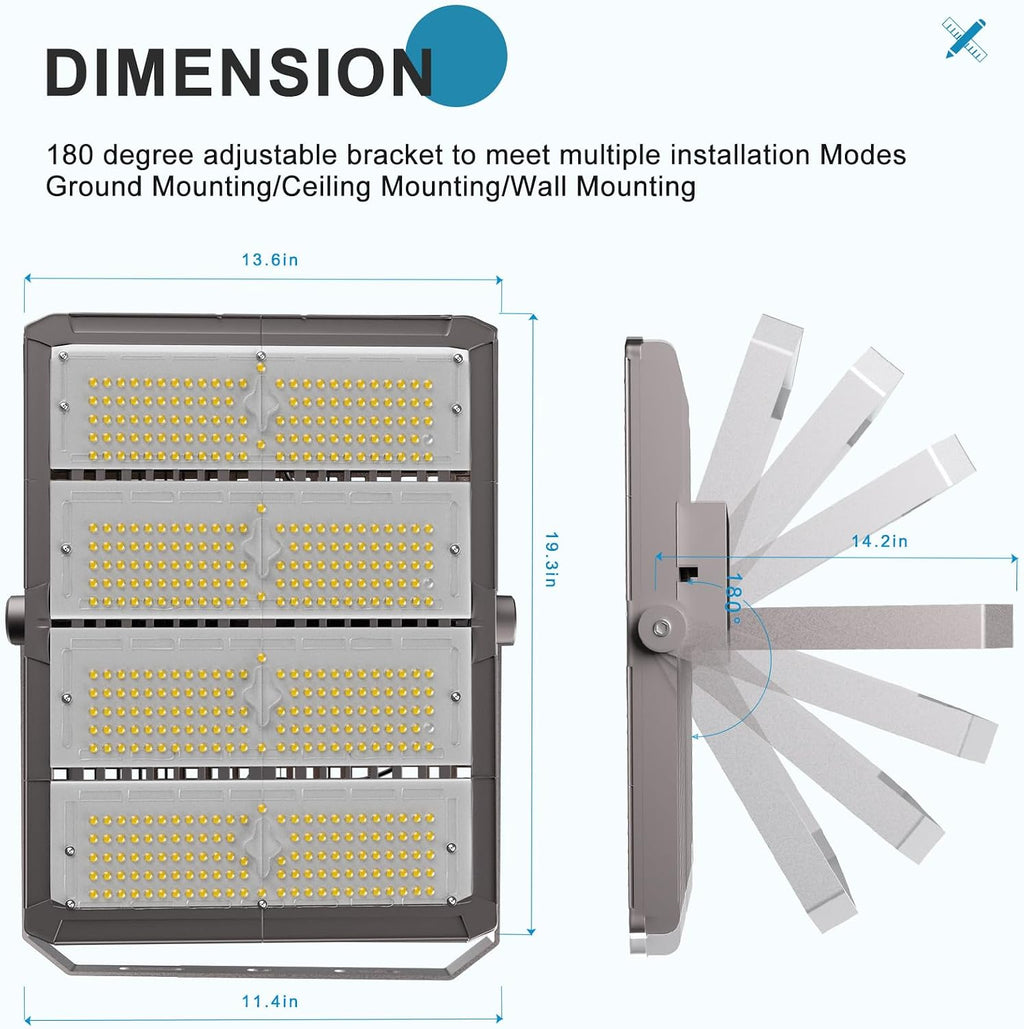 Upgrade 500W LED Flood Light Outdoor 75000Lm Led Stadium Light with Adjustable Bracket, IP65 AC100-277V Commercial Area Lighting with Plug for Backyard/Basketball Court-2Pack