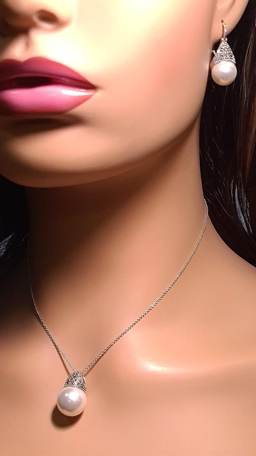 925 Sterling Silver Marcasite with Pearl 14mm Pendant, Earrings Set, Sterling Silver Chain Necklace Jewelry Set