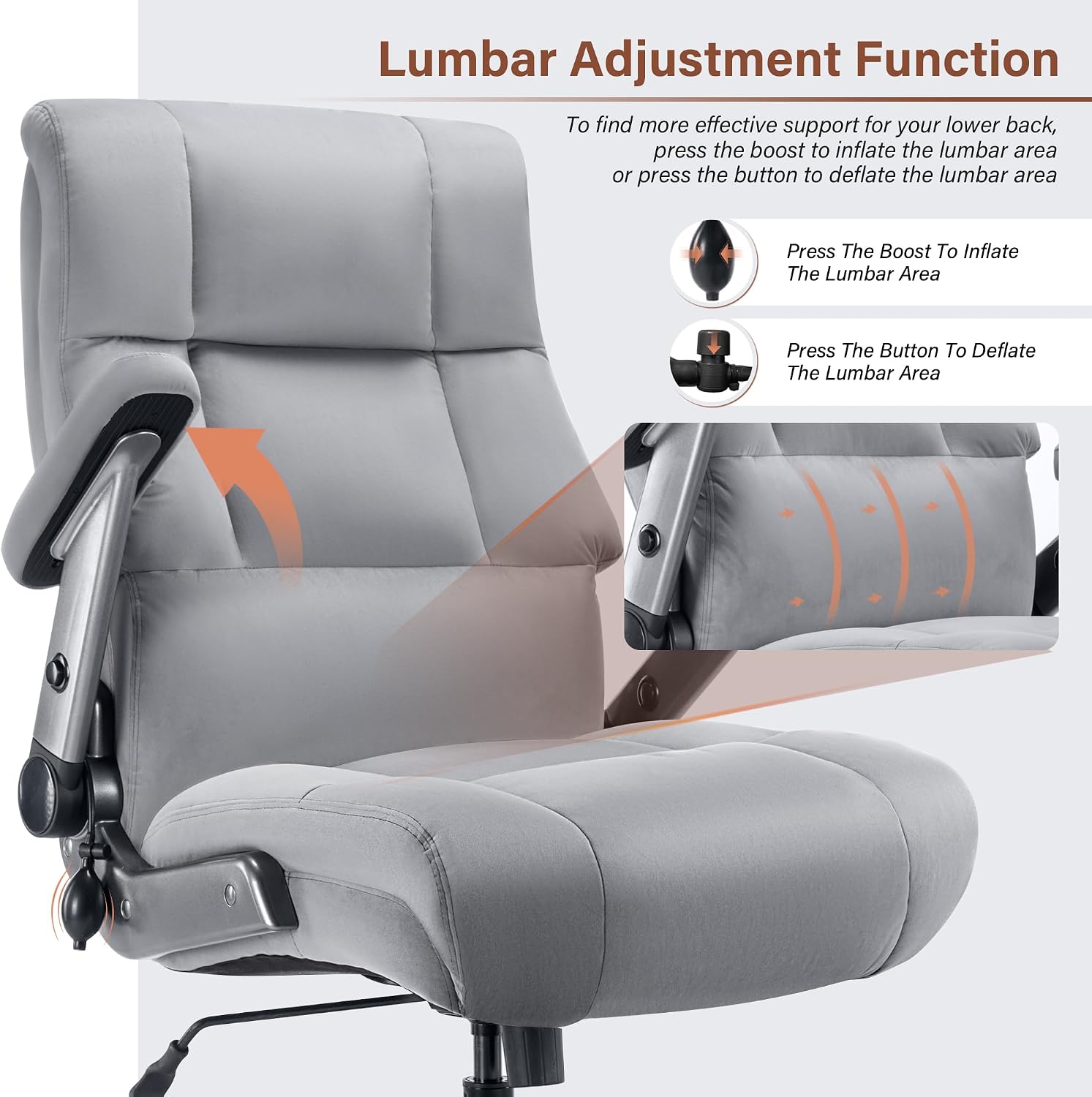Big and Tall Office Chair 700lbs- Fabric Executive Desk Chair with Adjustable Lumbar Support 3D Flip UP Arms- Heavy Duty Quiet Wheels Metal Base Ultra-Soft Upholstered Ergonomic Computer Chairs, Grey