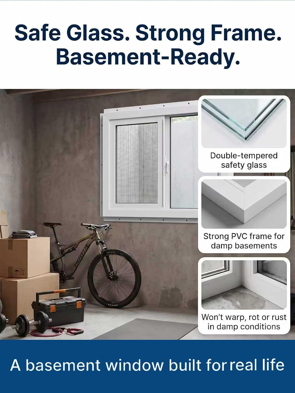 NOOTA EasyWing Basement Window 36' x 24' Double Tempered Glass, Removable Flange, Vinyl Sliding Window