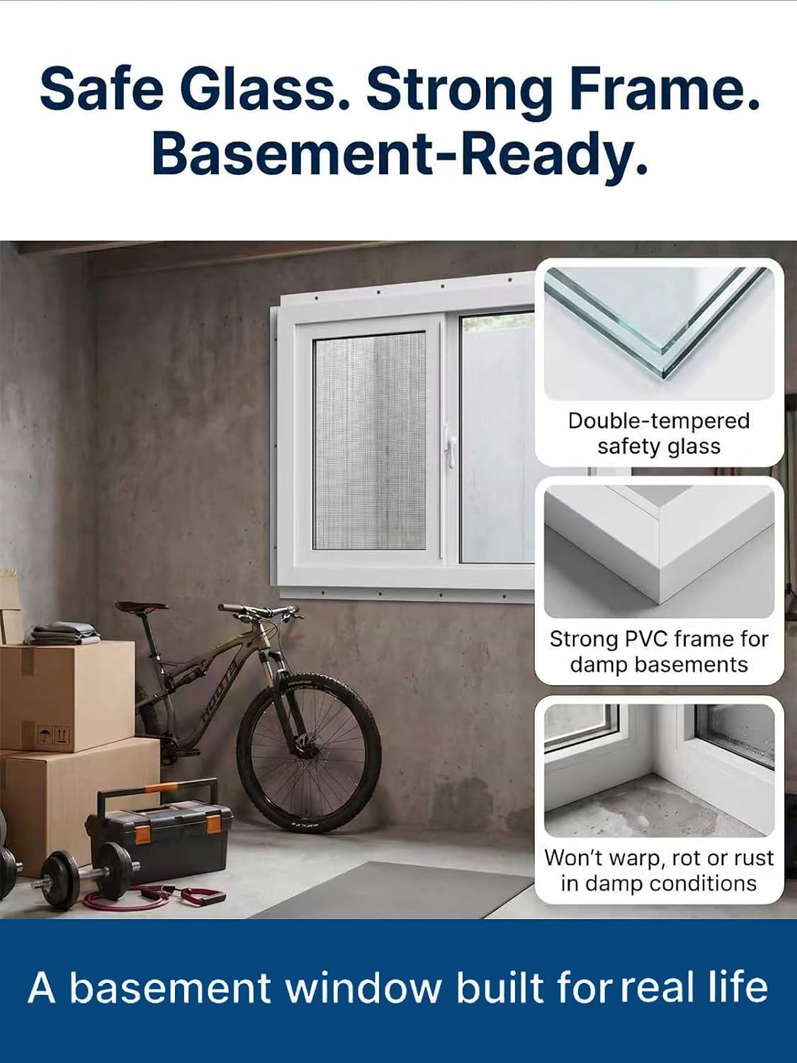 NOOTA EasyWing Basement Window 36' x 24' Double Tempered Glass, Removable Flange, Vinyl Sliding Window