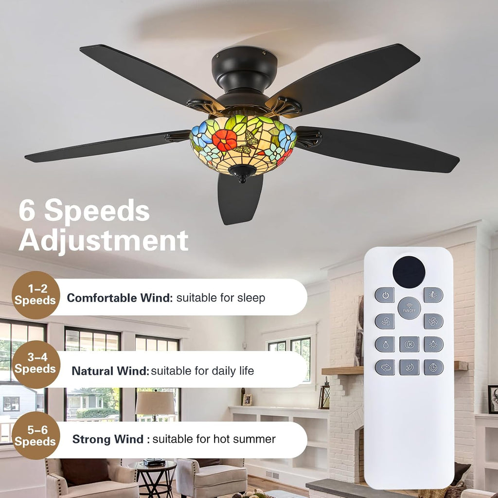 Tiffany Ceiling Fans with Lights - 52' Ceiling Fan Chandelier with 5 Dual-Blades and Glass Shade, 6 Speeds and Reversible, Indoor and Outdoor, Retro Style