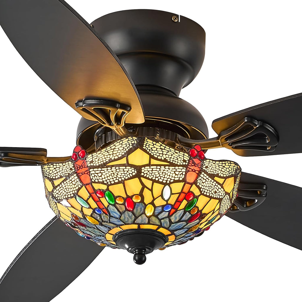 Tiffany Ceiling Fans with Lights - 48' Ceiling Fan Chandelier with 5 Dual-Blades and Glass Shade, 6 Speeds and Reversible, Indoor and Outdoor, Retro Style