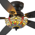 Tiffany Ceiling Fans with Lights - 48' Ceiling Fan Chandelier with 5 Dual-Blades and Glass Shade, 6 Speeds and Reversible, Indoor and Outdoor, Retro Style