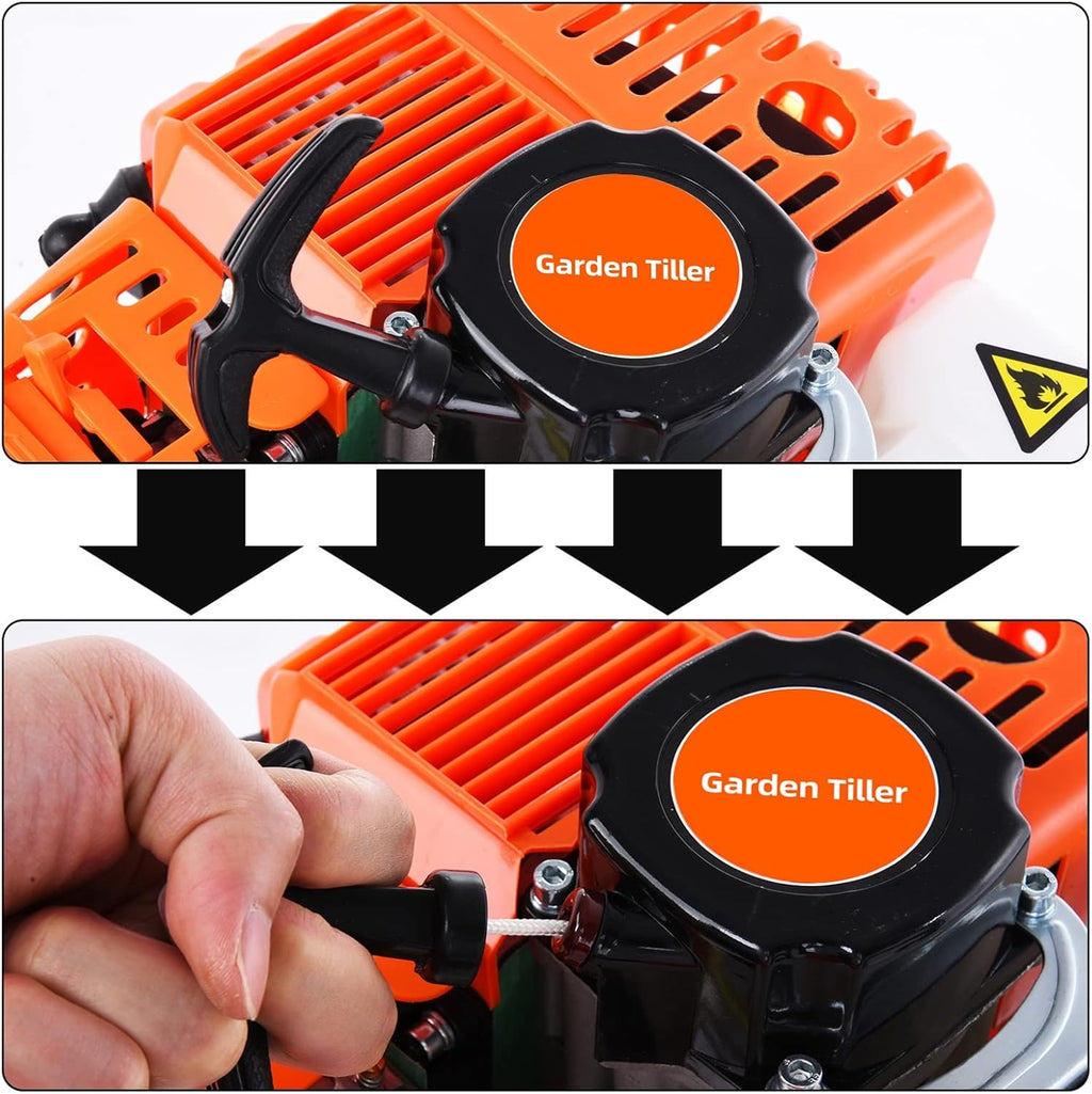 7.9-inch Tiller Cultivator,52cc 2 Stroke Gas Powered Petrol Cultivator,9000RPM 1.2L Fuel Tank 6-inch Working Depth,Tilling Width Digging 3HP/1.65kW,Garden Mini Tiller Accessory Orange