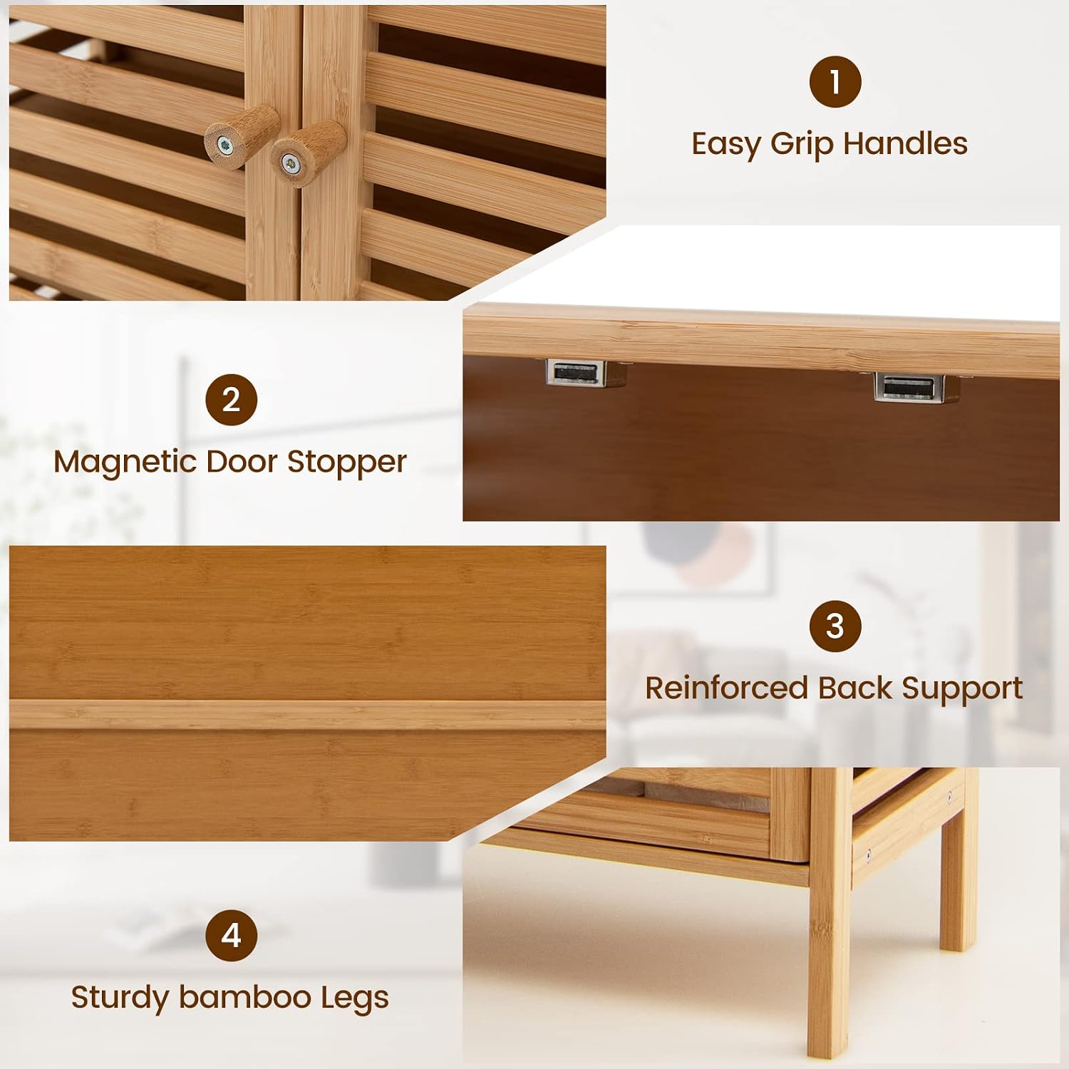 LDAILY LUARANE Storage Cabinet, Bamboo Cabinet w/ 2 Louvered Doors & Open Shelf, Bathroom Storage Cabinet for Living Room, Home Office, Kitchen, Natural