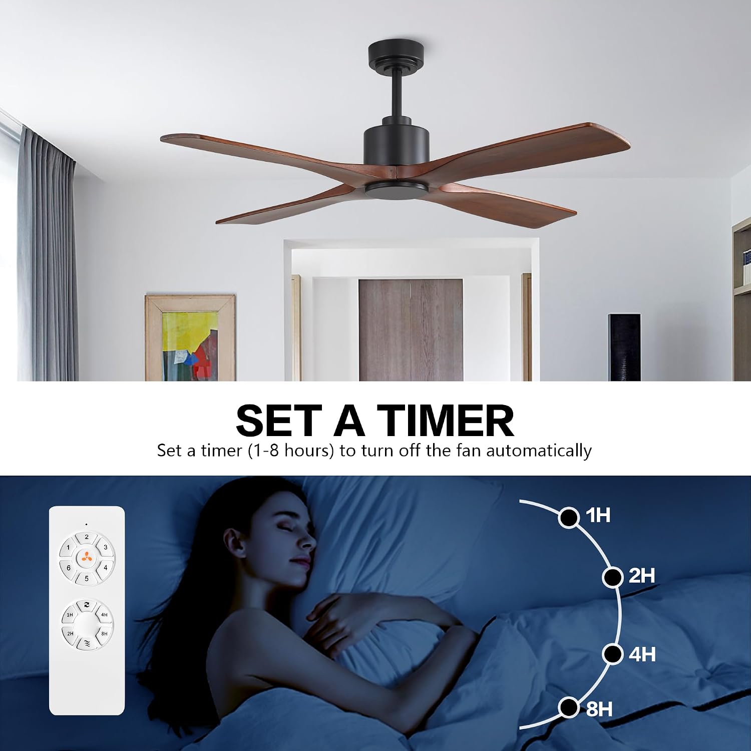 WINGBO 48 Inch DC Ceiling Fan without Lights, 4 Carved Solid Wood Blades, 6-Speed Noiseless Reversible DC Motor, Modern Ceiling Fan No Light with Remote, Black Finish with Walnut Blades, ETL Listed