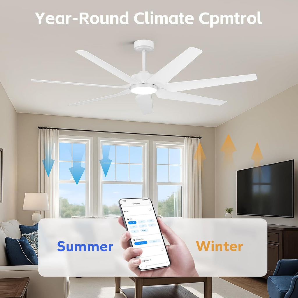 65' Smart Ceiling Fan with Light, Alexa/Google/App Control, 7 ABS White Blades & High-CFM Quiet DC Motor, Energy Efficient Modern Indoor/Outdoor Fan,Dimmable LED for Bedroom, Covered Patio, Porch
