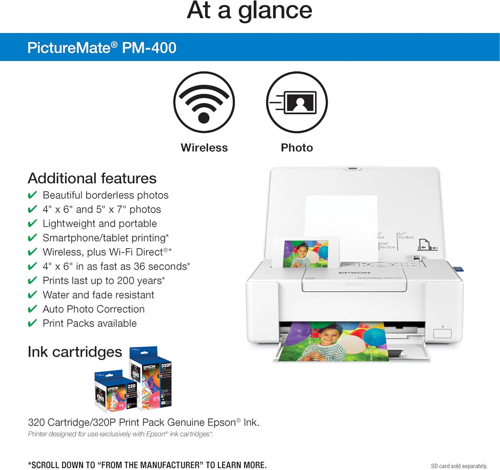 Epson PictureMate PM-400 Wireless Compact Color Photo Printer, white