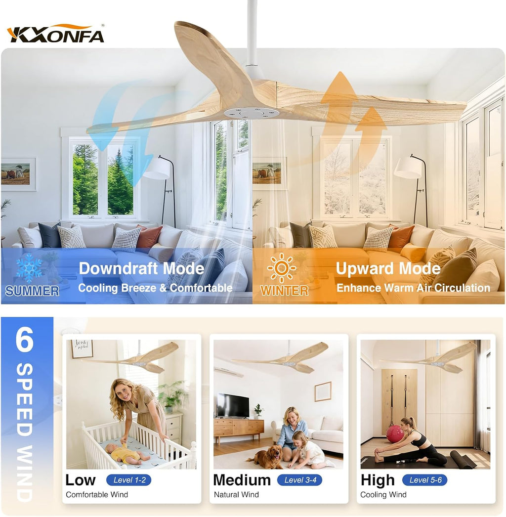 52 Inch Ceiling Fan No Light Outdoor Wood Ceiling Fans with Remote Control,Flush Mount,3 Blades Reversible Quiet DC Motor Modern Ceiling Fan Without Light for Patios Farmhouse Bedroom Indoor