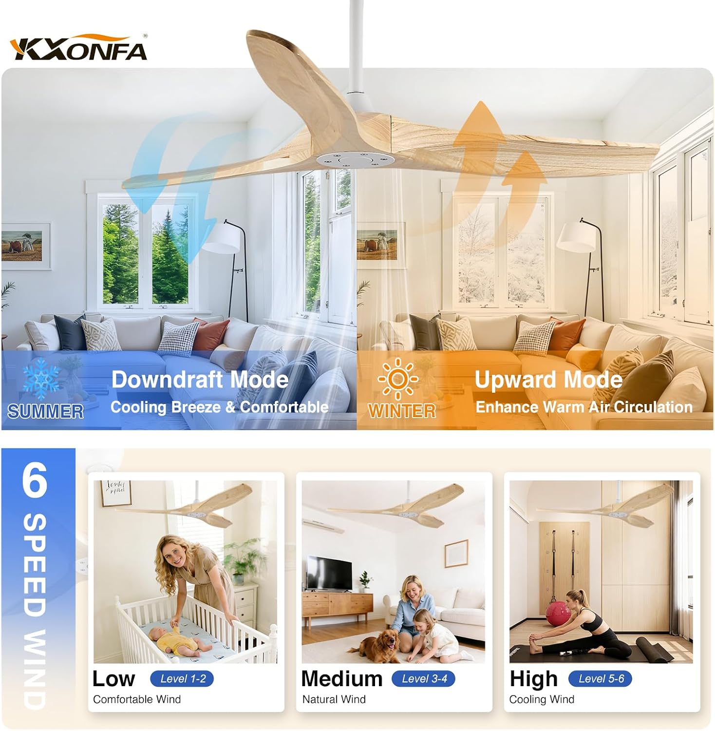 52 Inch Ceiling Fan No Light Outdoor Wood Ceiling Fans with Remote Control,Flush Mount,3 Blades Reversible Quiet DC Motor Modern Ceiling Fan Without Light for Patios Farmhouse Bedroom Indoor
