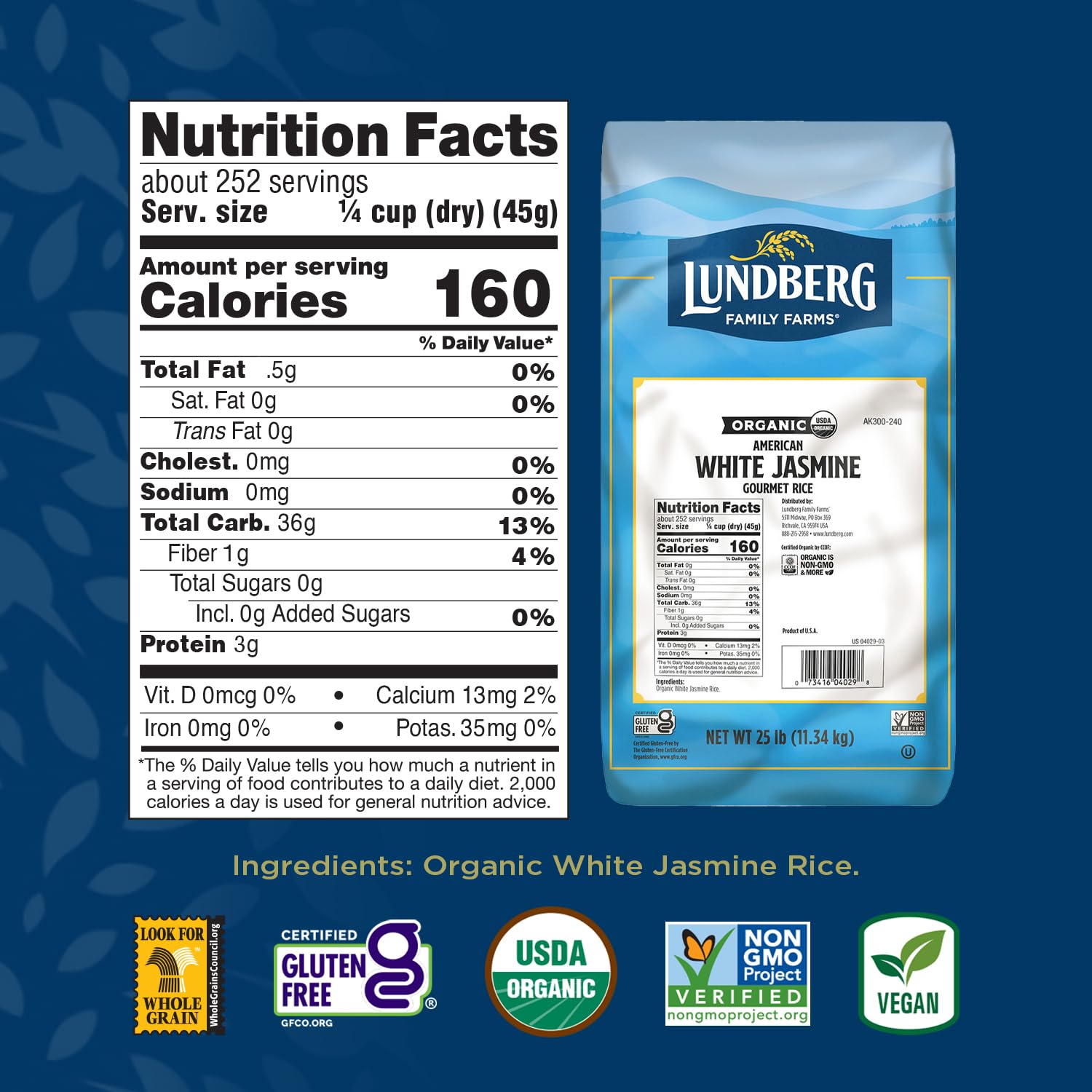 Lundberg Organic Jasmine White Rice – Long-Grain, Fluffy & Aromatic, Responsibly Grown in California, 25 Lbs