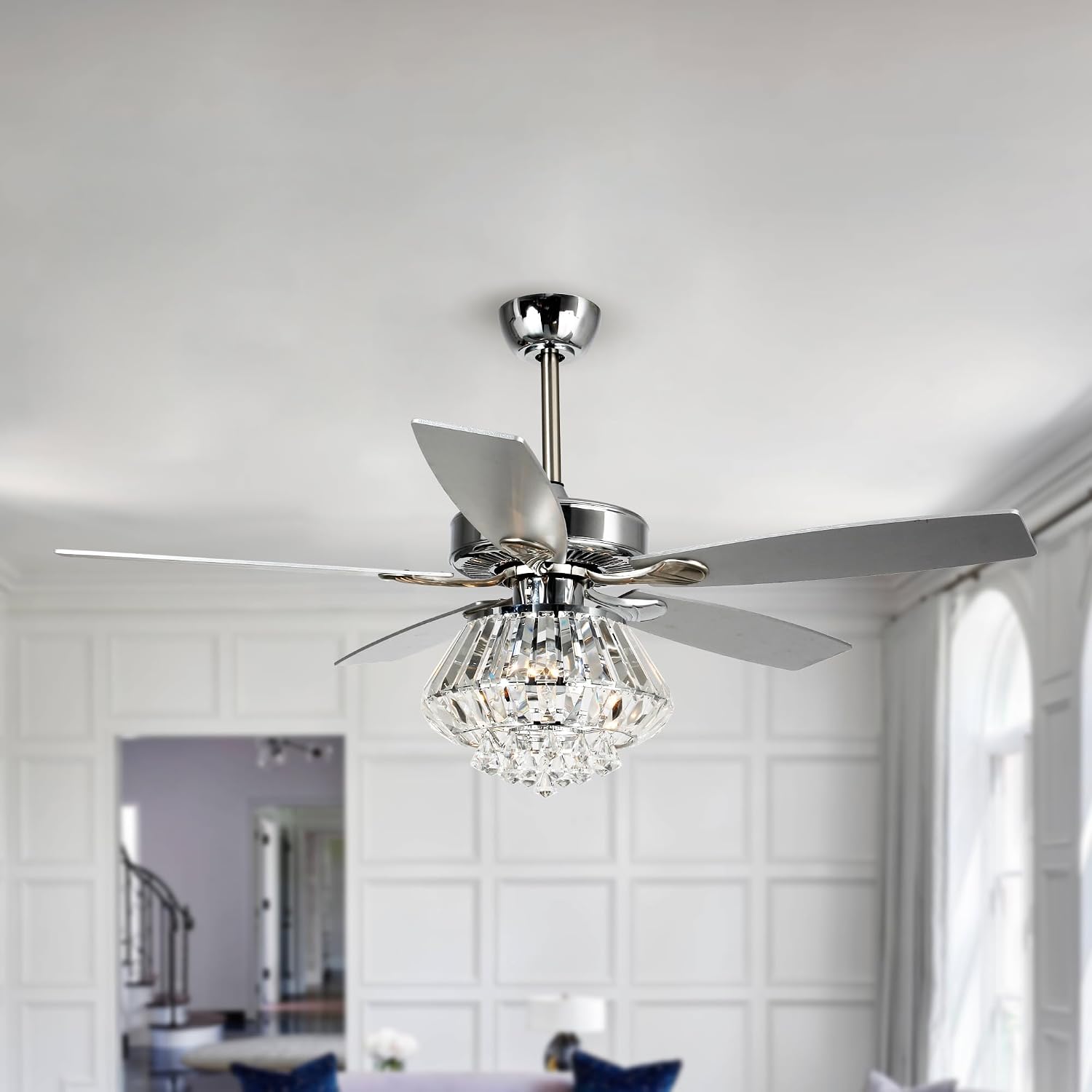 Parrot Uncle Ceiling Fans with Lights and Remote, 52 Inch Crystal Chandelier Lighting Ceiling Fans for Bedroom Living Room, Ventiladores De Techo Modernos, Reversible 5 Blades, Timer, Silver