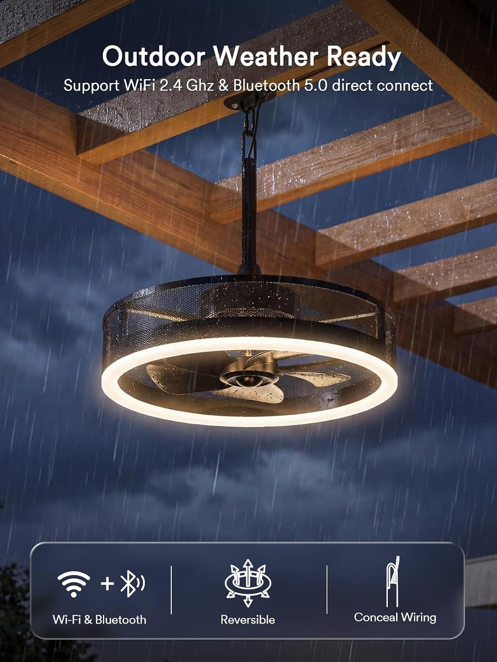 Lumary Smart Outdoor Ceiling Fans with RGBAICW Lights Pro, Wi-Fi Bluetooth Connect, 40+ Scene, Work with Alexa Google, Waterproof Plug in Caged Fan with Hook/Remote/APP Control for Patios Gazebo, 20in