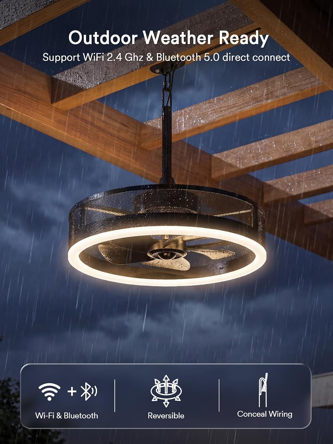 Lumary Smart Outdoor Ceiling Fans with RGBAICW Lights Pro, Wi-Fi Bluetooth Connect, 40+ Scene, Work with Alexa Google, Waterproof Plug in Caged Fan with Hook/Remote/APP Control for Patios Gazebo, 20in