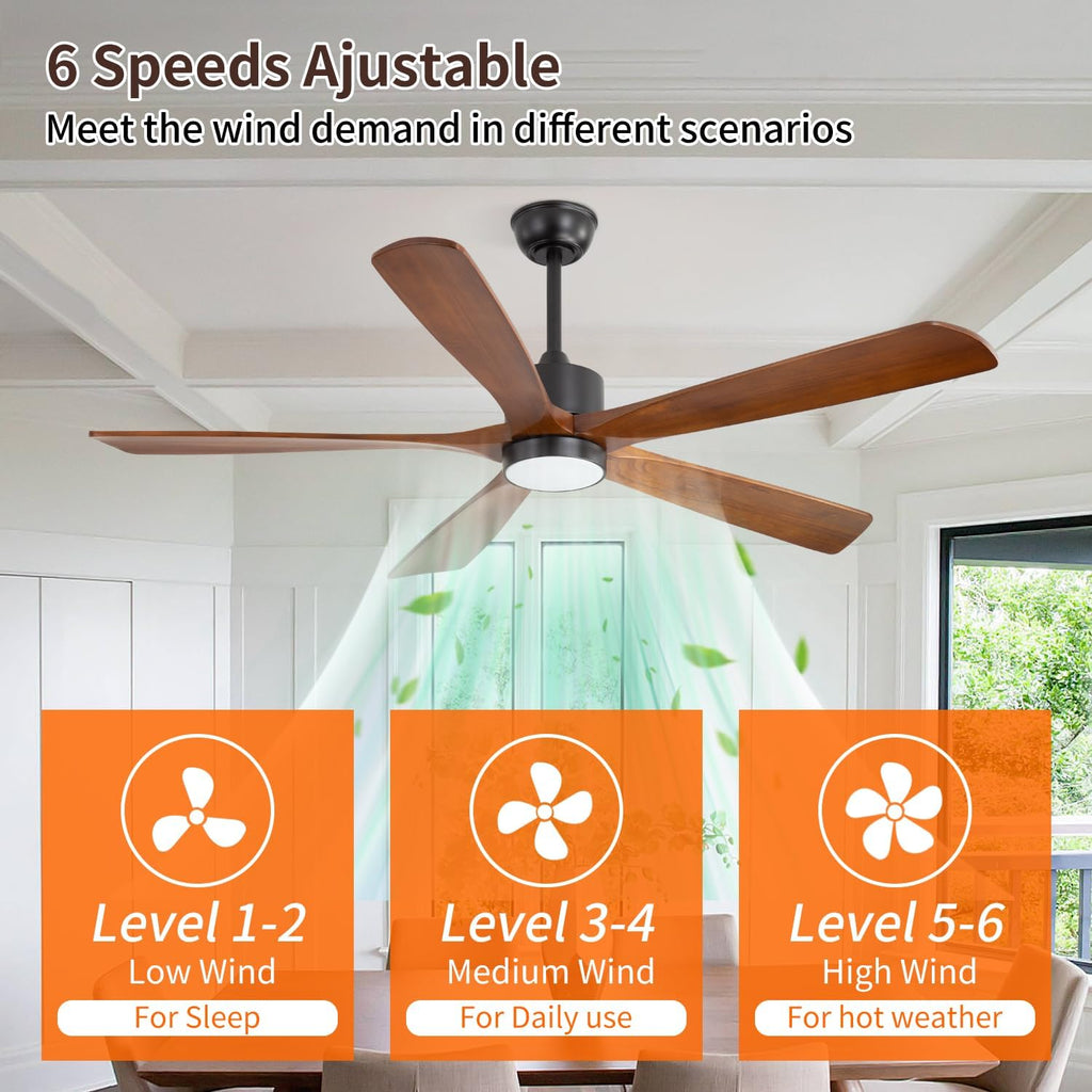 60 Inch Ceiling Fan with Light - 5 Walnut Wood Blades, UL Damp Rated for Indoor & Outdoor, 3 Color LED (3000K-6500K), DC Motor, 6-Speed Reversible Remote, Farmhouse Bedroom